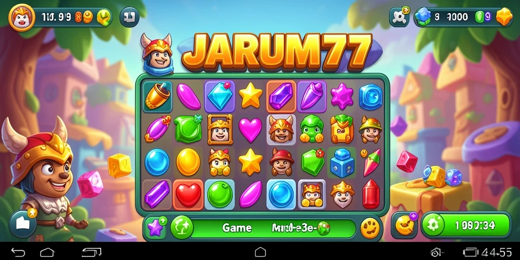 Tampilan menarik dari gameplay JARUM77 dalam bertarung menyelesaikan tantangan Match-3.