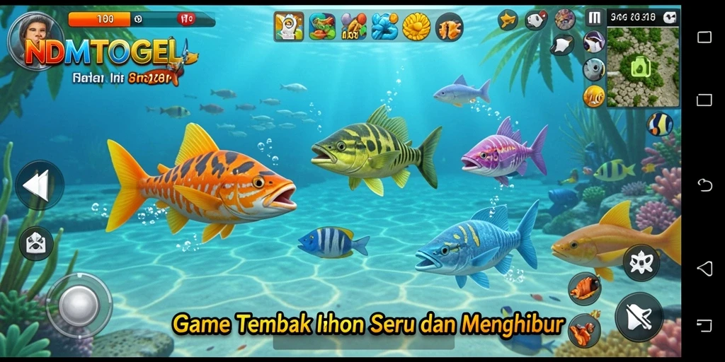 Screenshot utama NDMTOGEL memperlihatkan aksi menembak ikan yang seru.