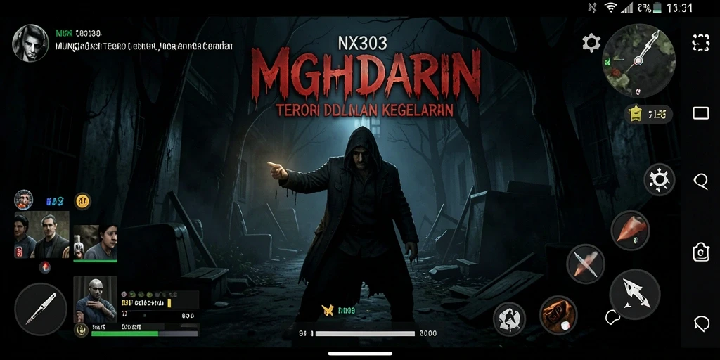 Screenshot gameplay NX303 menampilkan momen mencekam saat karakter menghadapi kegelapan.