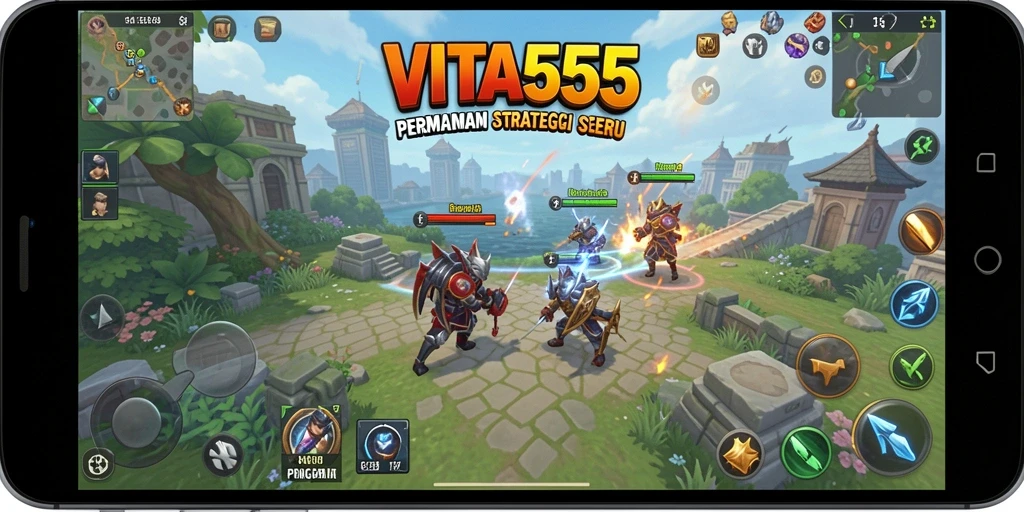 Screenshot utama VITA555 menunjukkan aksi pertempuran yang strategis.