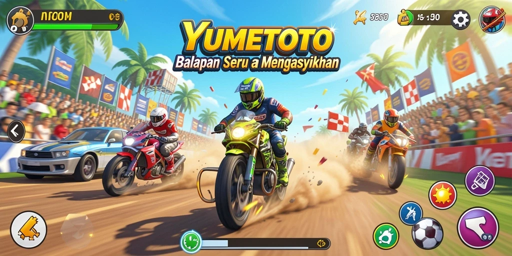 Tangkapan layar dari YUMETOTO menampilkan balapan seru di trek yang menantang.